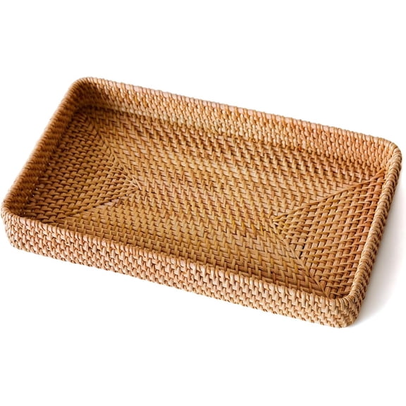 MORAVE Rectangular Wicker Rattan Storage Tray, Decorative Organizer for Bathroom Living Room Home Decor