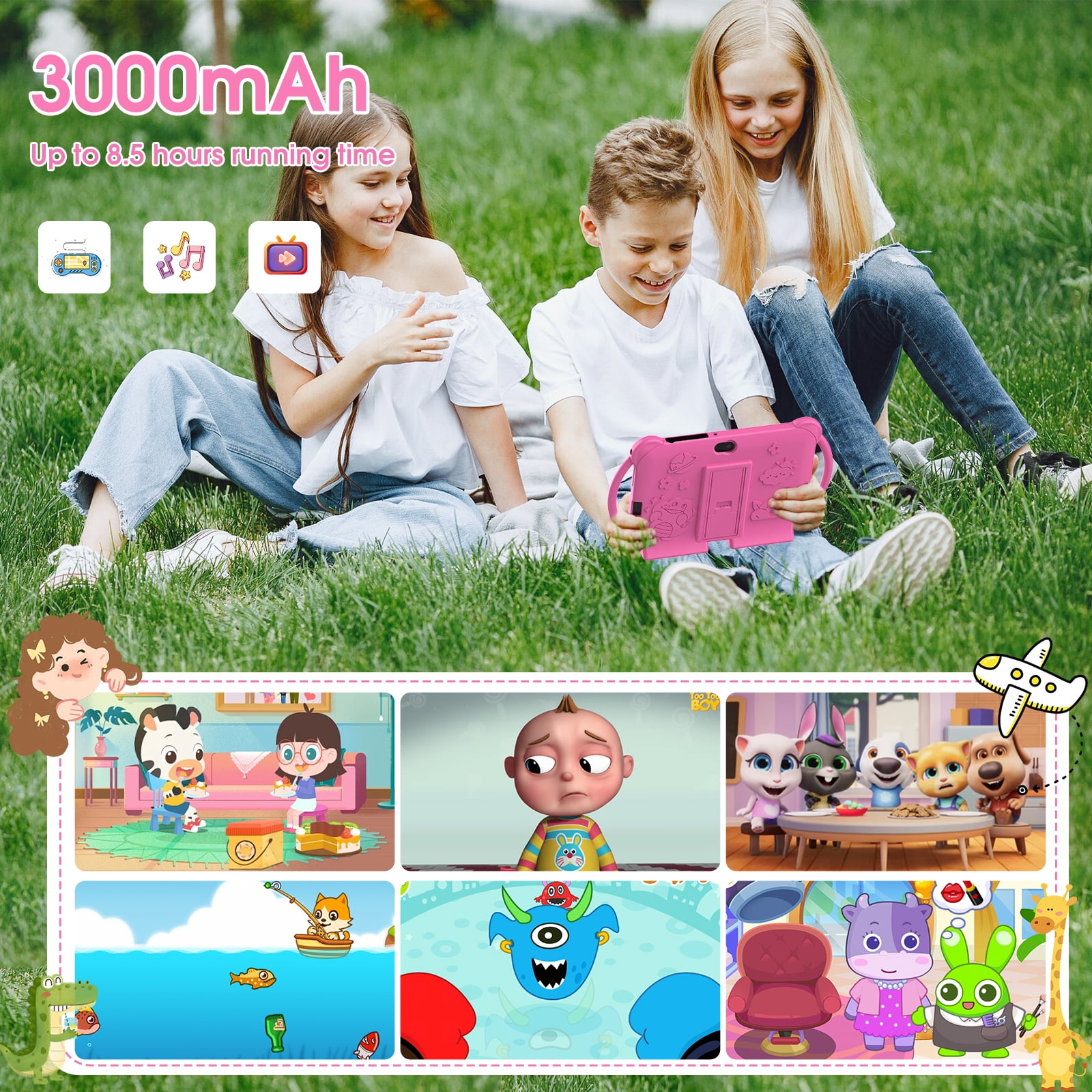 Kids Tablet, 7 inch Android 12 Tablet for Kids, 4GB RAM 32GB ROM 512GB Expand, Toddler Tablet with Parental Control, IPS Screen, Dual Camera, Educational, Games, Shockproof Case for Boys/Girls, Pink