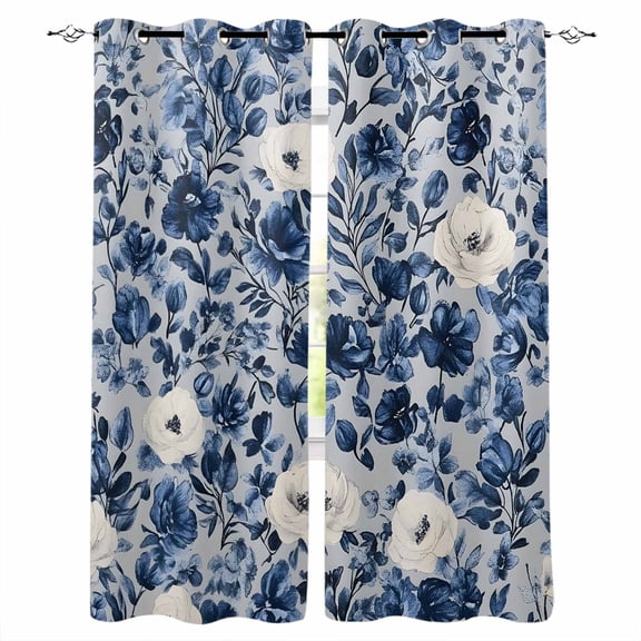 Navy Blue White Peony Blackout Curtains for Bedroom Living Room Darkening Curtains 84 Inch Length 2 Panels Set Vintage Floral Blossom Window Curtain Insulated Window Treatment Grommet Drapes 42"x84"
