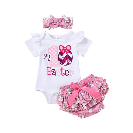 

EYIIYE Baby Girls First Easter Summer Outfit Letter Print Short Sleeve Romper + Bunny Print Shorts + Headband 3Pcs Set 0-18 Months