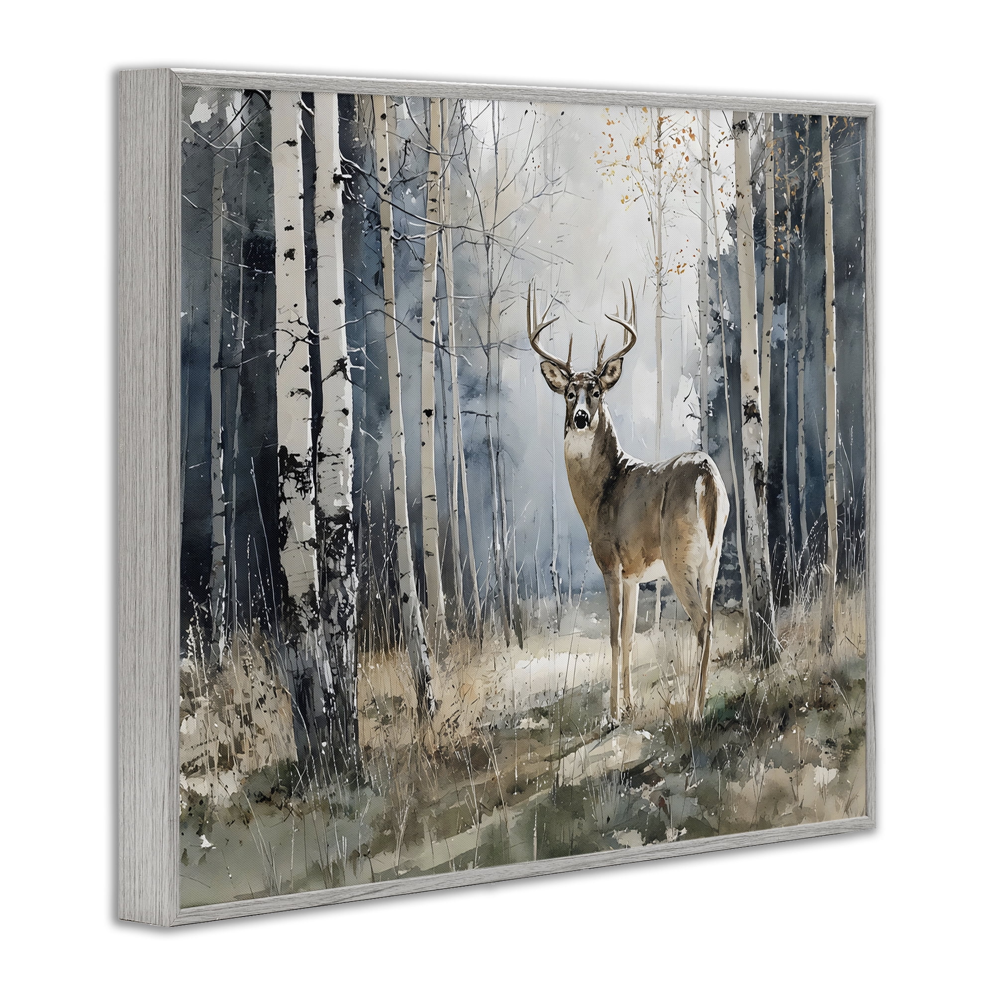 Stupell Industries Lone Stag in Birch Forest Gray Framed Giclee Art, design by Franklyn Gregory
