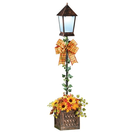 Festive Autumn Solar Lamppost in Rustic Basket Filled with Sunflowers, Pumpkins, Leaves and Ivy