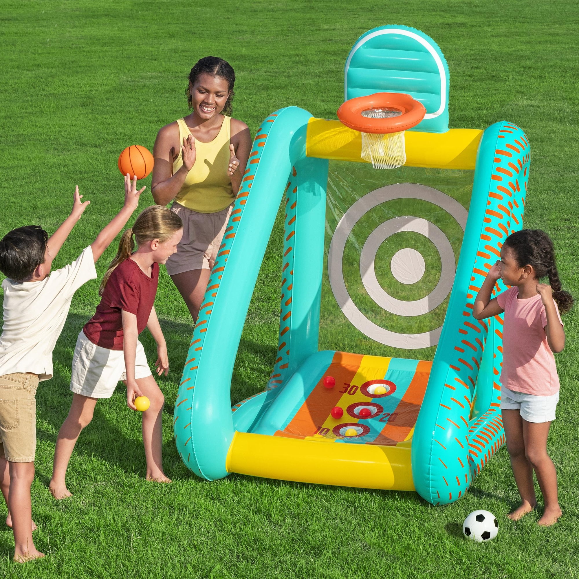H2OGO! Inflatable Yard Game - Perfect Aim - 3-In-1: Basketball-Soccer-Skee Toss, Green & Yellow Sports Arena Center, Outdoor Active Play Toy, Kids 5+