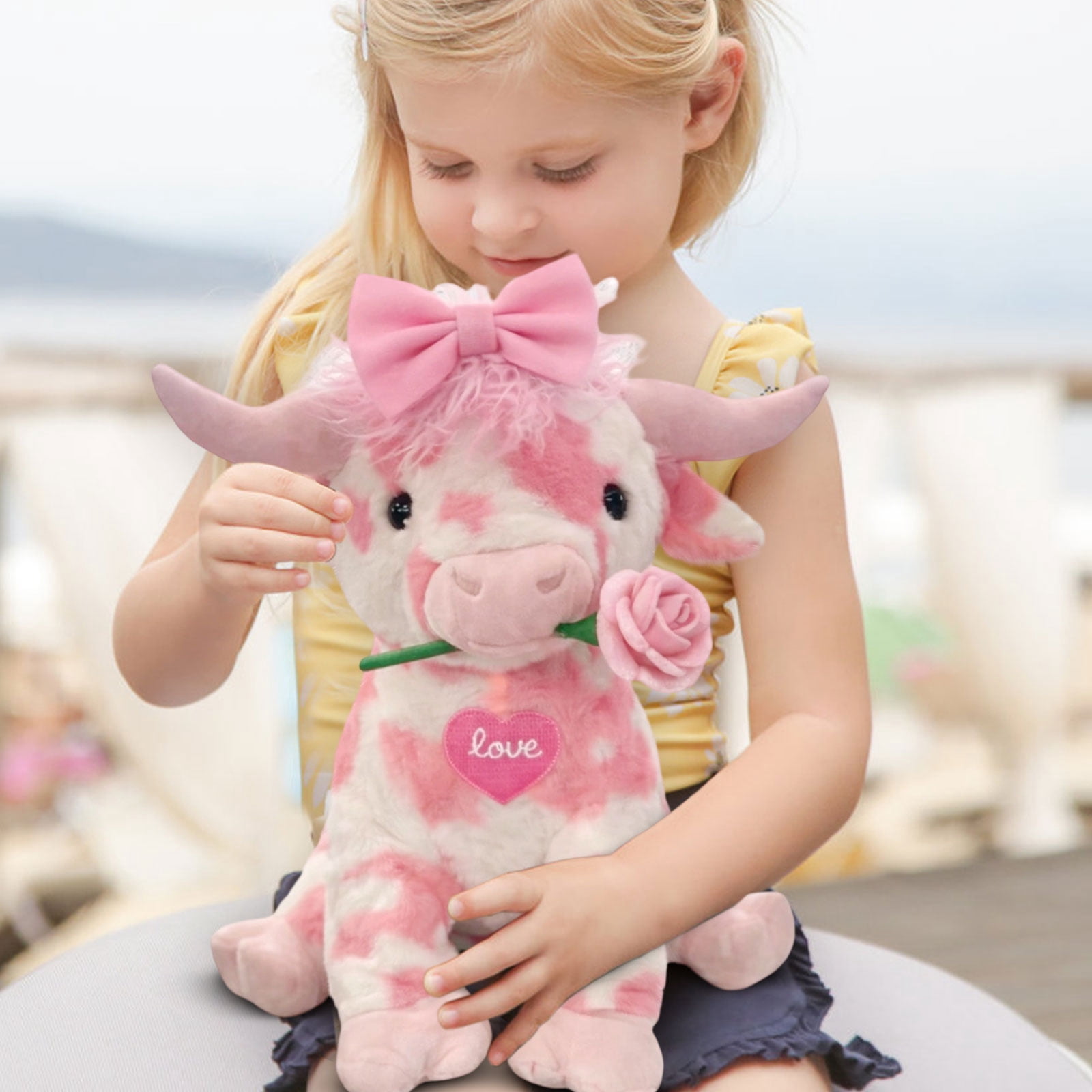 20Inch Kawaii Pink Cow with Rose Stuffed Animals Plush Toy, Soft Plush Doll, Perfect Birthday Christmas Valentines Anniversary Easter Holiday Gifts, Easter Basket Stuffers