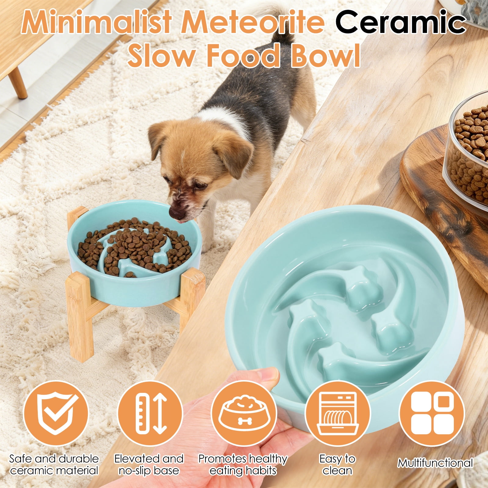 Threns Ceramic Slow Feeder Bowl, Slow Feeding Food Dish with Bamboo Stand for Dogs Cats, Anti-Gulping, Stop Bloat, Preventing Choking