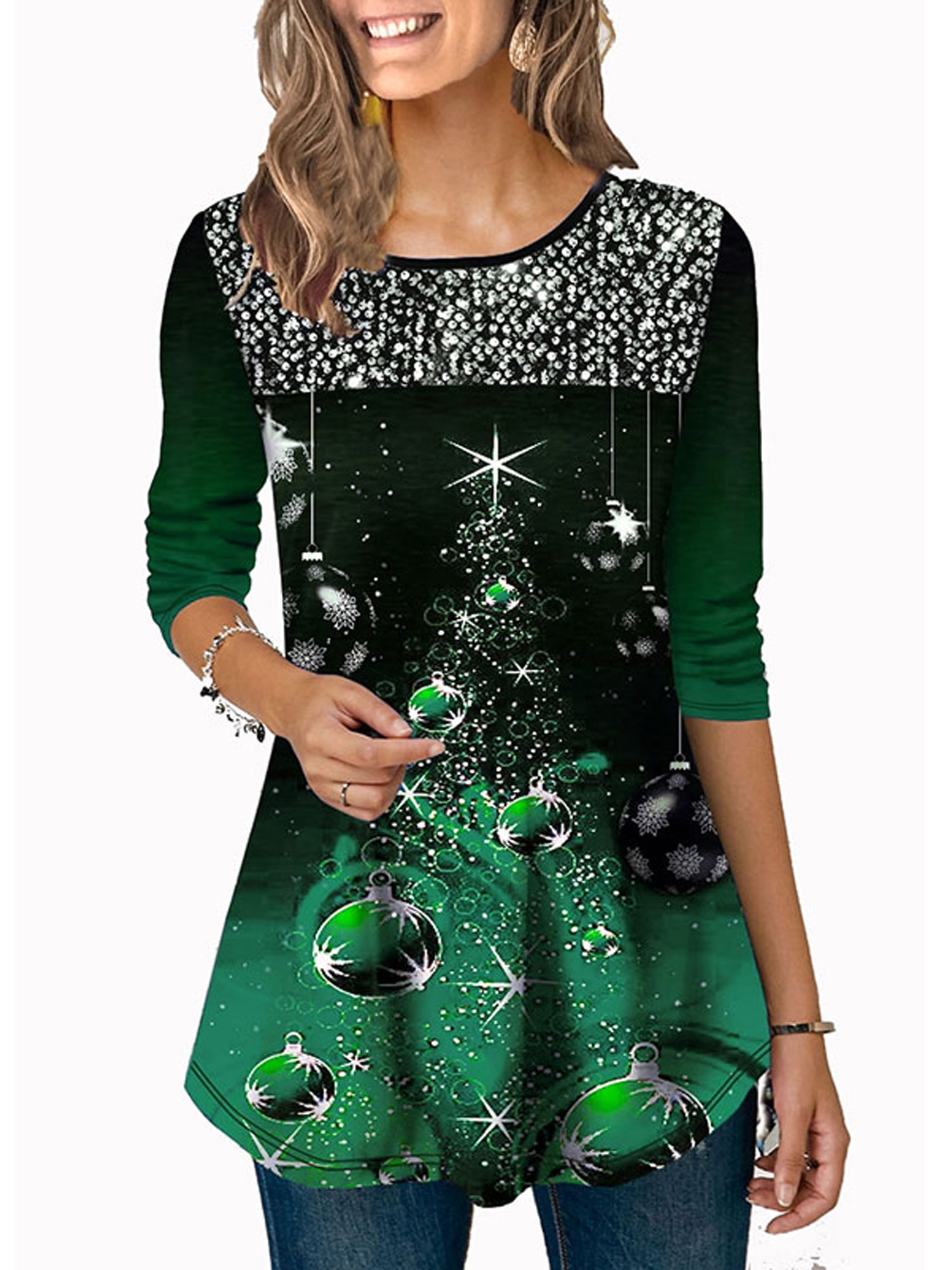 Lallc - Women's Christmas Sequin Plus Size 3/4 Sleeve Crew Neck Blouse ...