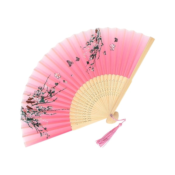 Folding Hand Fan, 8 in Bamboo, Hand Fans for Women, Decorative Folding Fans, Floral Wall Decor, Summer Cooling, Pink Tassel, 1 Pc