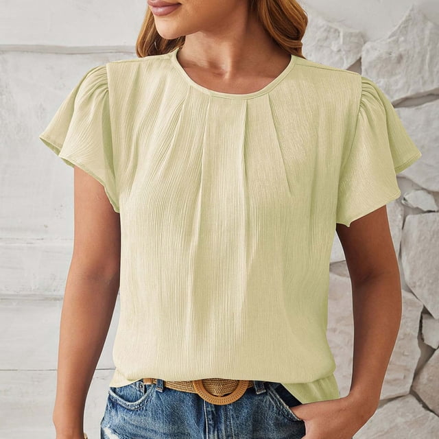 Deals of the Week Cagogo Womens Ruffle Short Sleeve Tops Summer Clearance Under $5 Plus Size Pleated Front Blouses Crewneck Business Work Tee Blouse Graduation Gifts