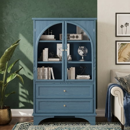 Aukfa Arched Display Accent Cabinet,Glass Door Buffet Curio Cabinet with Drawers for Living Room/Office,Blue