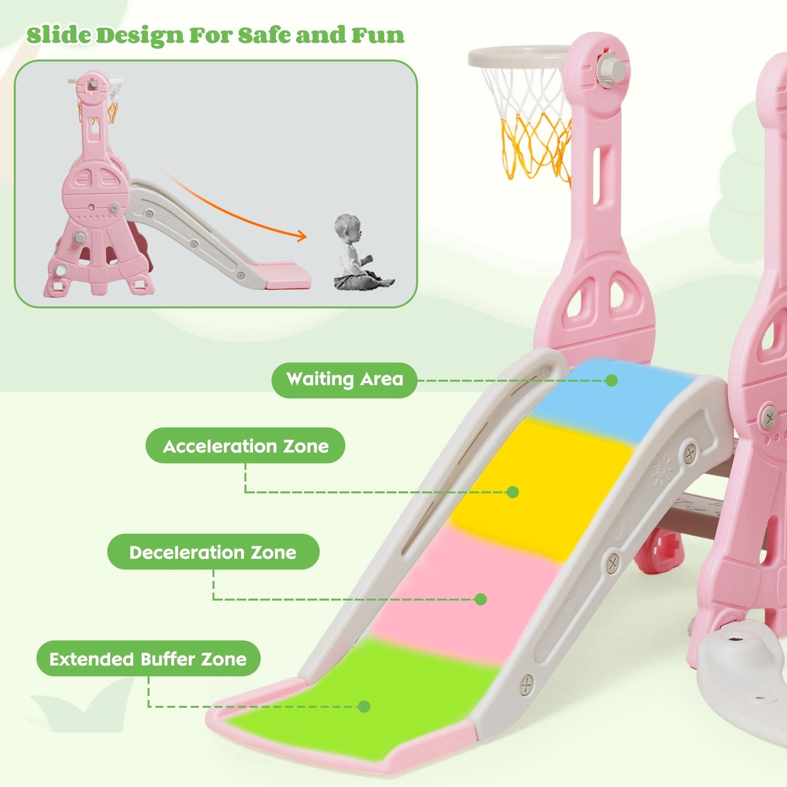 Ealing 4 in 1 Slide and Swing Set for Toddlers Age 1-2 ,with Bucket Style Seat and Basketball Hoop ,Baby Outdoor Indoor Playset Climber Toys,Pink
