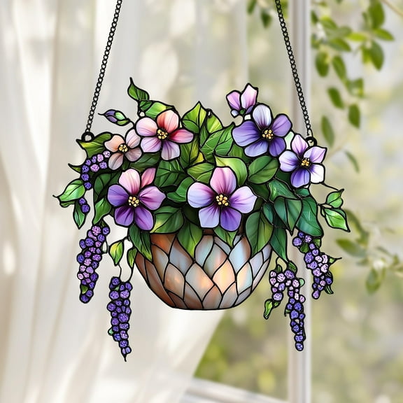Violet Flowers Faux Stained Glass Suncatcher, Acrylic Window Hanging for Floral Home Decor, Garden-Inspired Gifts for Mom