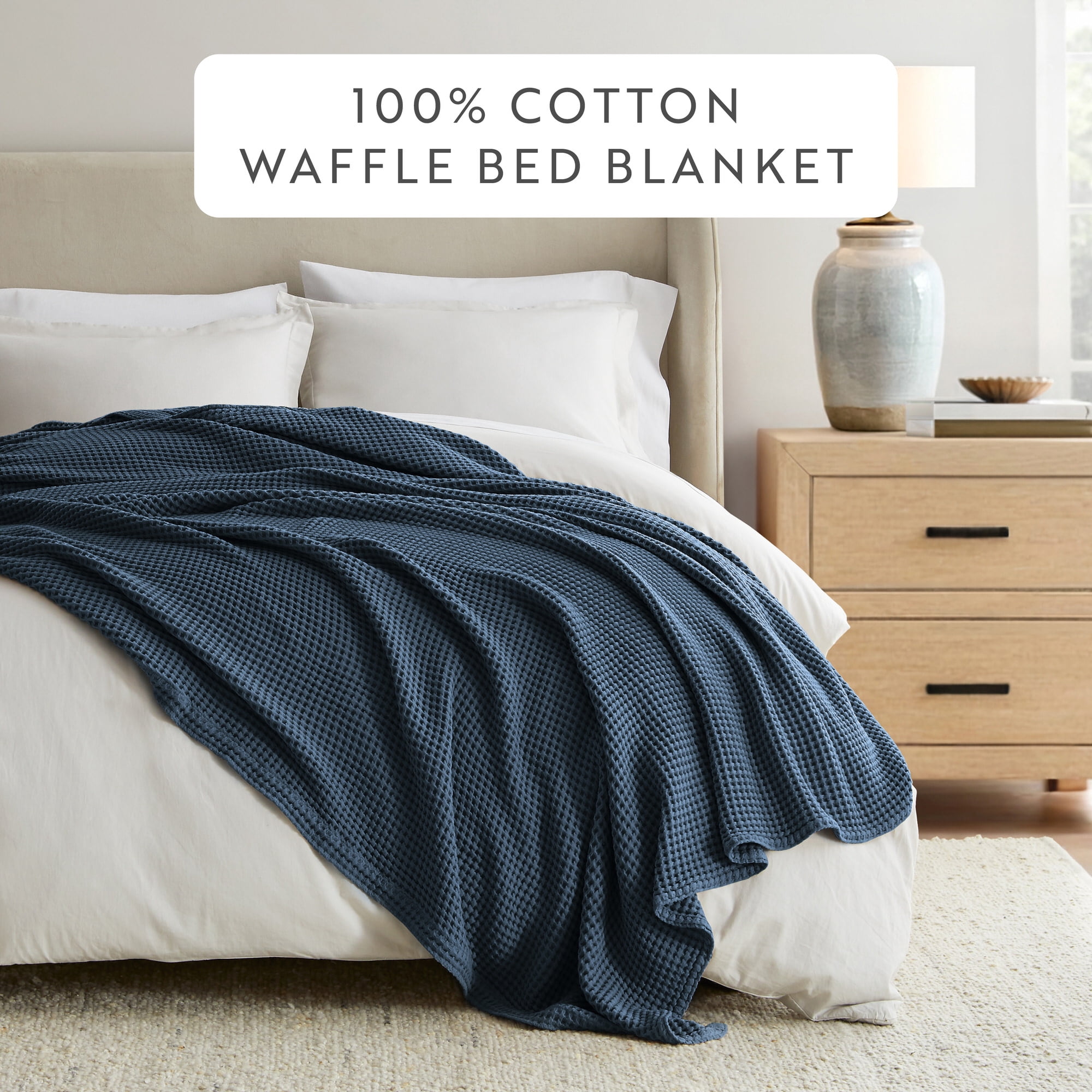 Noble Linens 100% Cotton Waffle Texture Bed Blanket, Navy, King/Cal King