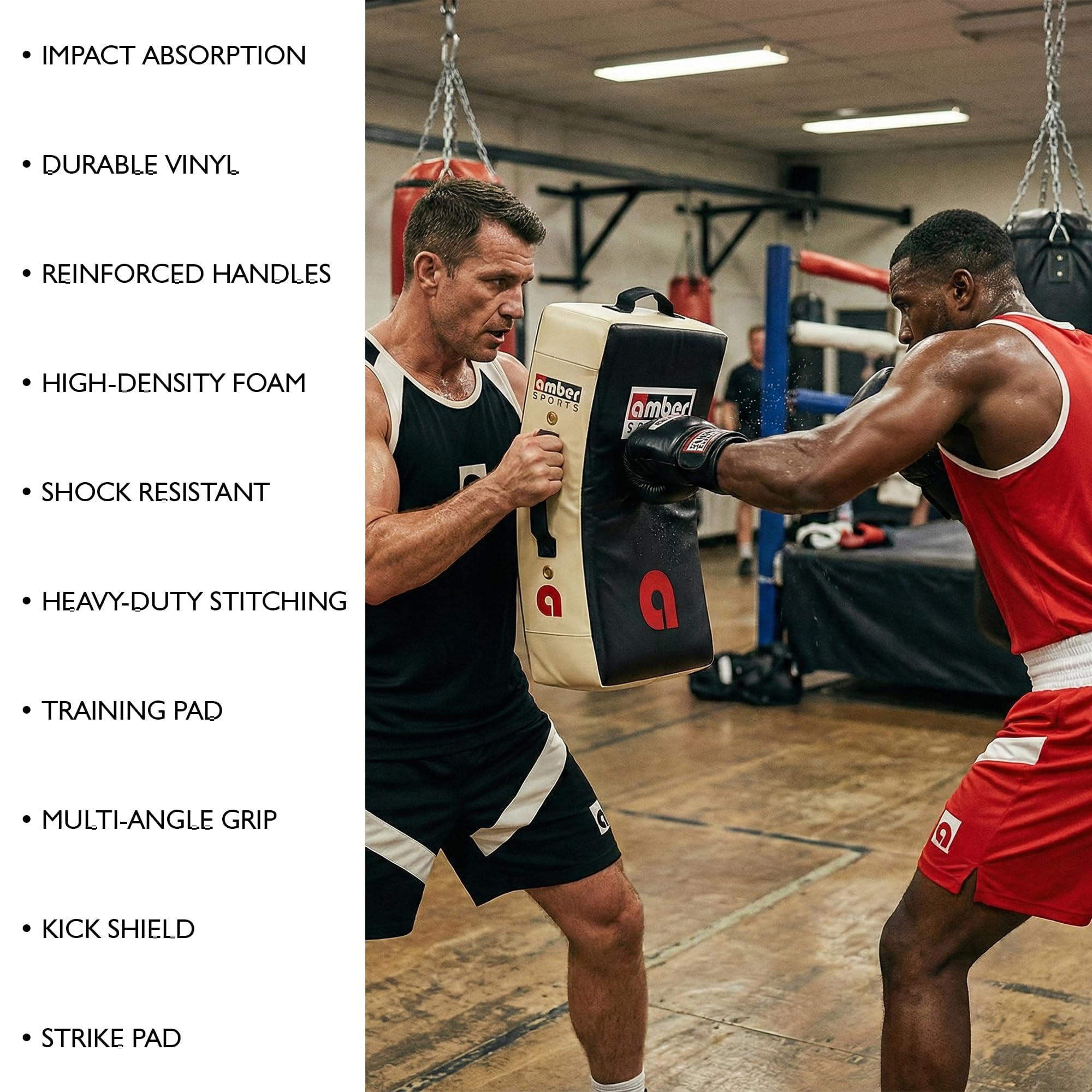 Amber Fight Gear Gel Punch & Kick Shield, Curved Training Pad, 25” x 15” x 5.5”, Multi-Handle Grip, Gel Enforced Lining, Heavy-Duty Canvas Vinyl, Muay Thai, MMA, Kickboxing, Karate