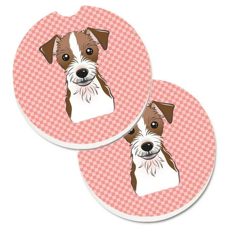 Jack Russell Terrier Coaster - Checkerboard Pink Jack Russell Terrier Set of 2 Cup Holder Car Coaster