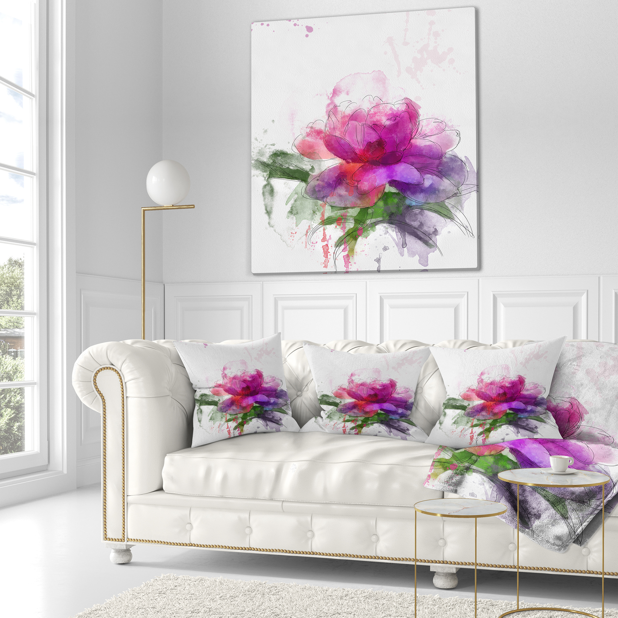Designart Purple Peony Illustration Sketch - Flowers Throw Pillowwork - 18x18