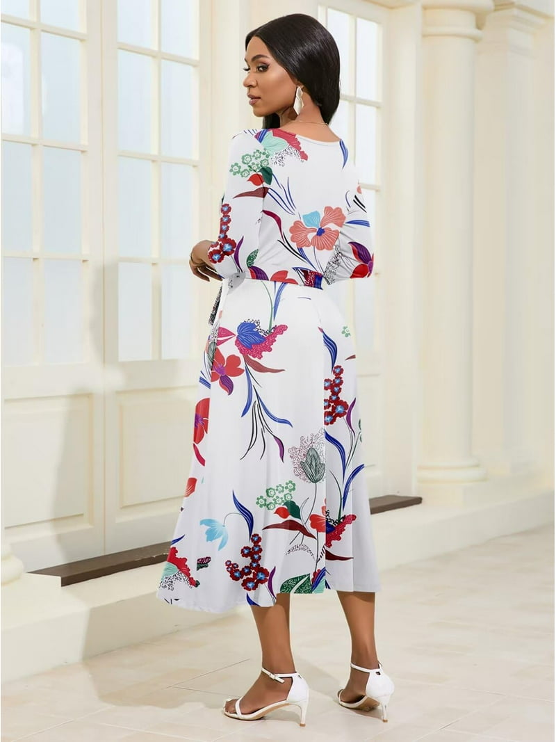 KISSMODA Midi Dresses for Women Casual 3/4 Sleeve Wrap Dress Plus Size  Curvy Cocktail Dresses with Pockets