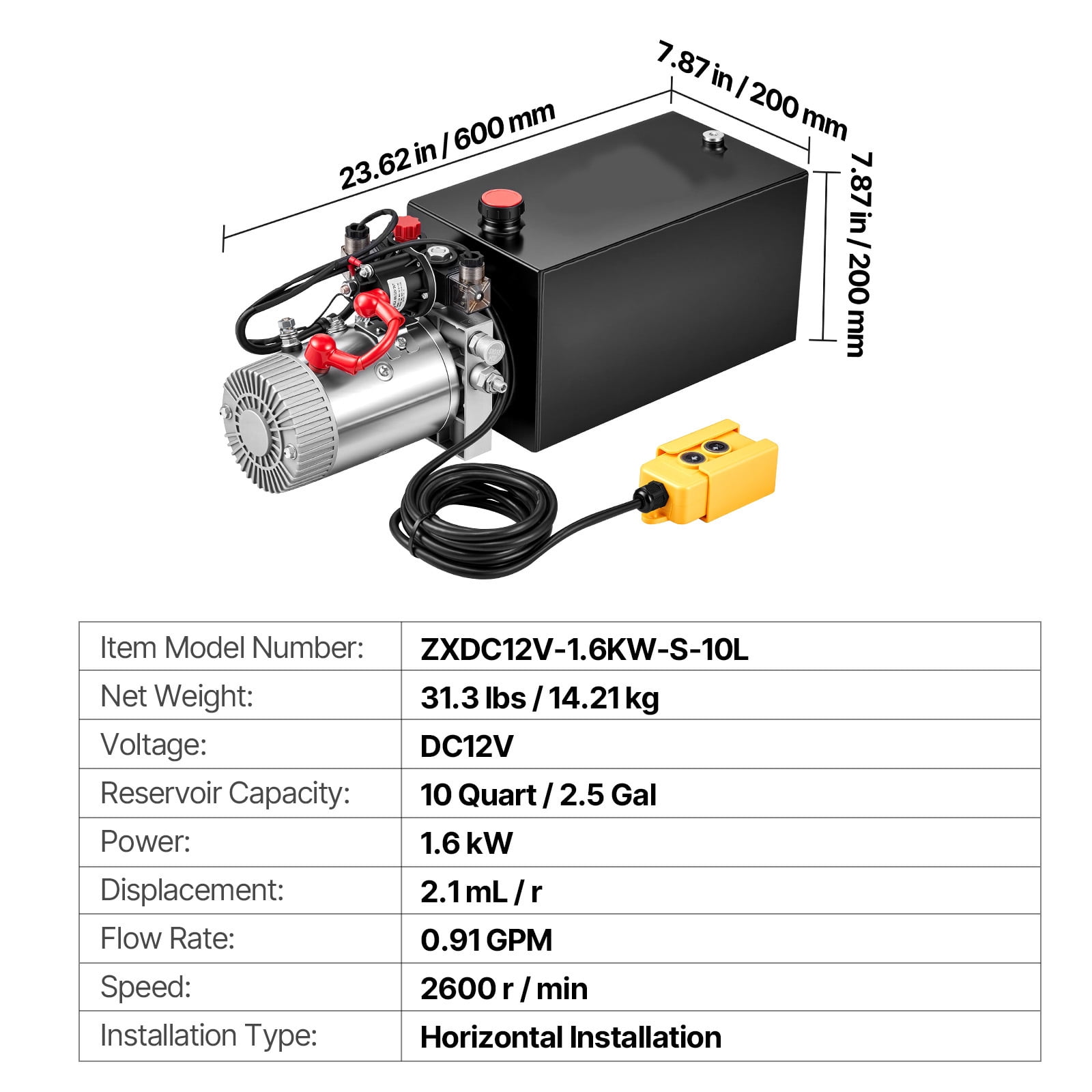 KFFKFF 10 Quart Hydraulic Pump, Double Acting Hydraulic Trailer Pump, 3200 PSI Max Pressure, 0.91 GPM Flow Rate, DC12V 1.6KW Power Unit for Dump Trailer and Vehicle Lifting (Horizontal Setup)