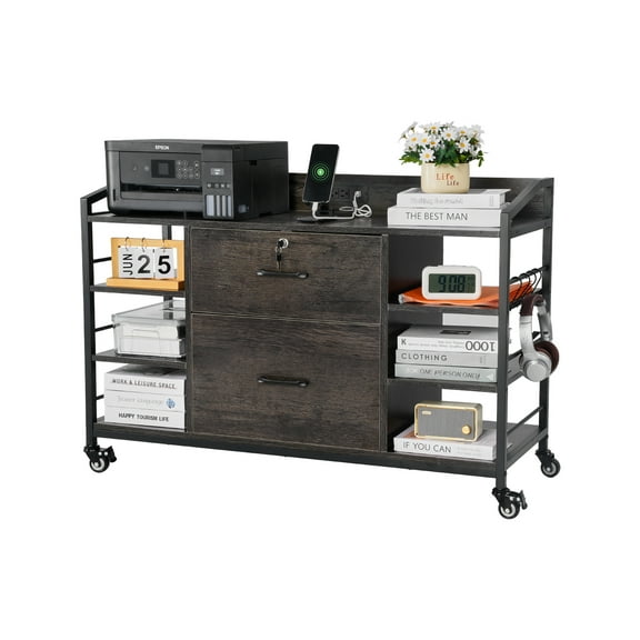 VEVOR 2 Drawers Metal File Cabinet, Lateral Filing Cabinet with Lock and 6 Open Shelves, Wooden Wide Filing Storage Cabinets with Power Strip for Letter, A4, Legal Size File, Easy Assembly, Gray