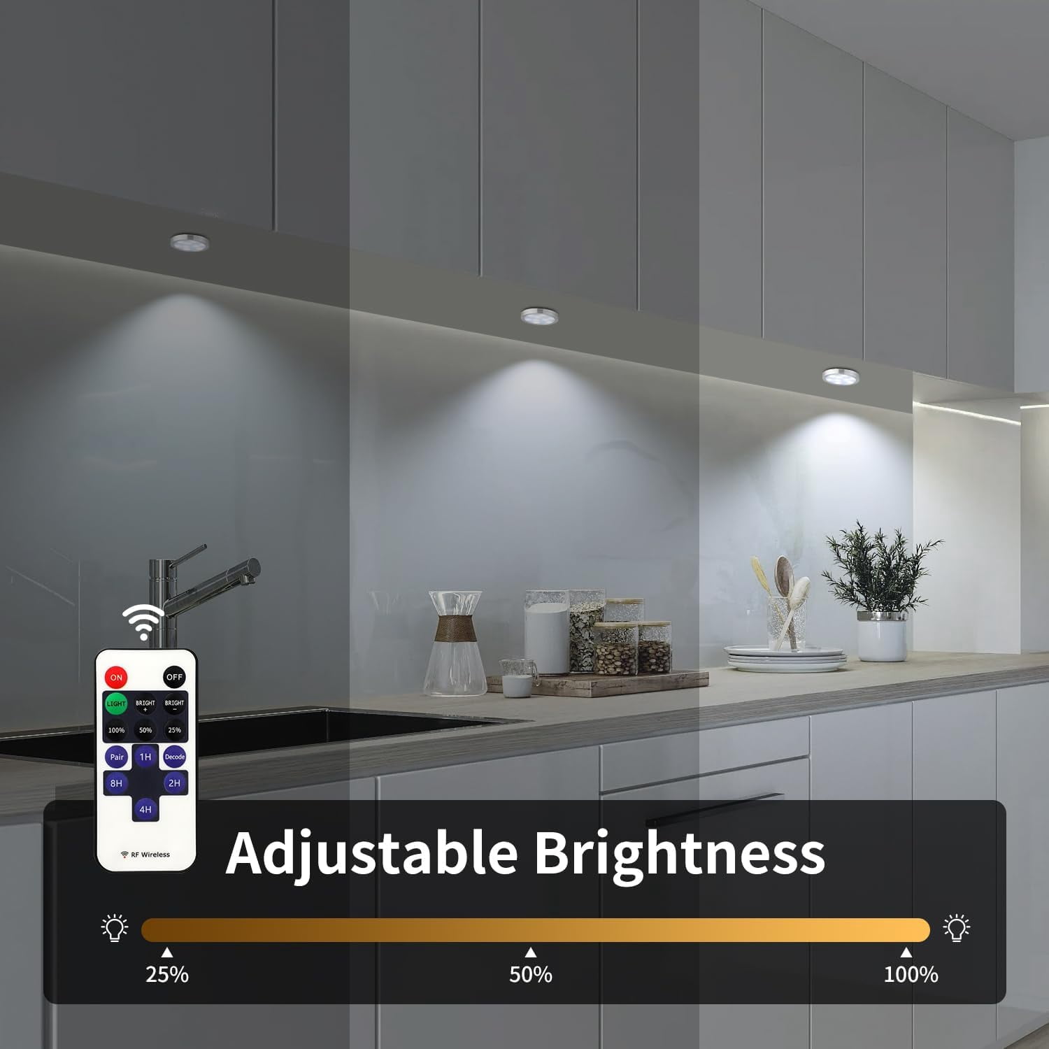 Adjustable LED Cabinet Lights - Wireless Remote Control 12V Plug-in Adapter, Ultra-Thin Sphere Lighting Fixture for Cabinets, Bookshelves, Display Cases, Wine Cabinets - 4-Piece Set