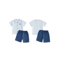thumbnail image 2 of BemeyourBBs Toddler Baby Boy Daddy's Mini Outfit Summer Clothes Fathers Day Outfits Letter Printed Short Sleeve Button Down Shirts and Denim Shorts Set, 2 of 9