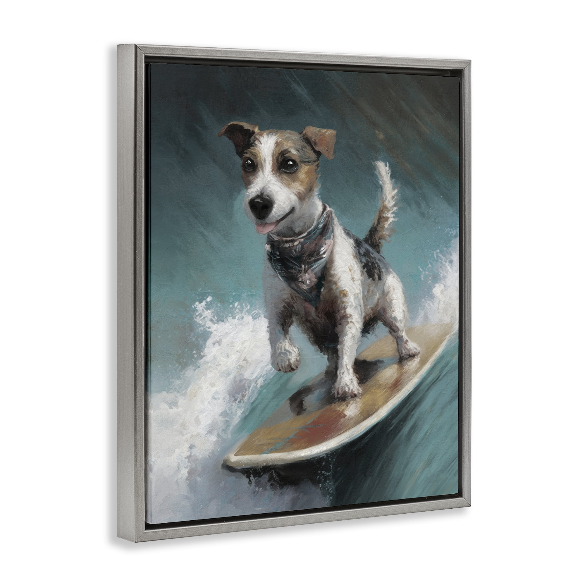 Stupell Industries Beachy Surfer Dog Animals Painting Gray Floater Framed Canvas Art Print Wall Art, 25 x 31
