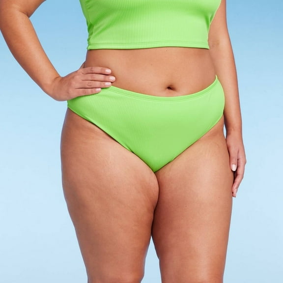 Women's Ribbed Scoop Front High Leg Cheeky Bikini Bottom ‚Green X