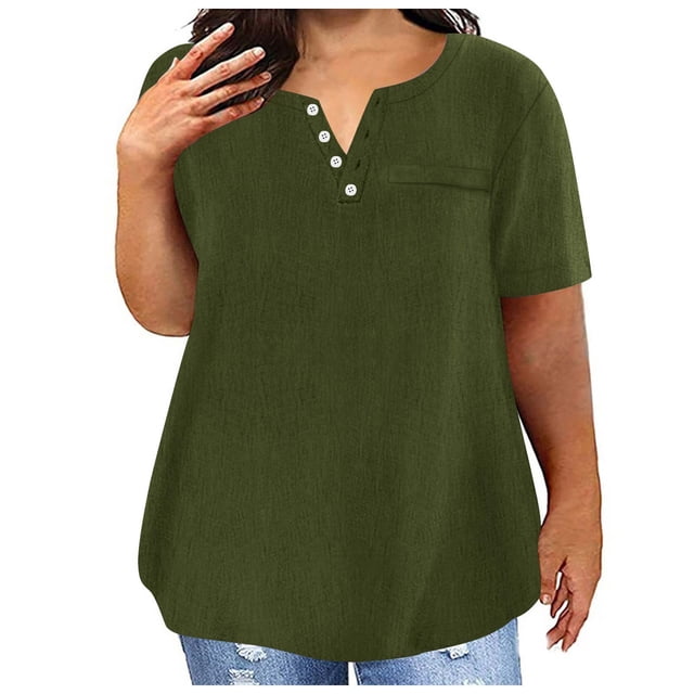 Timegard Womens Plus Size Tops Drop Shoulder Short Sleeve Notched V-Neck Button Dressy Casual Loose Top