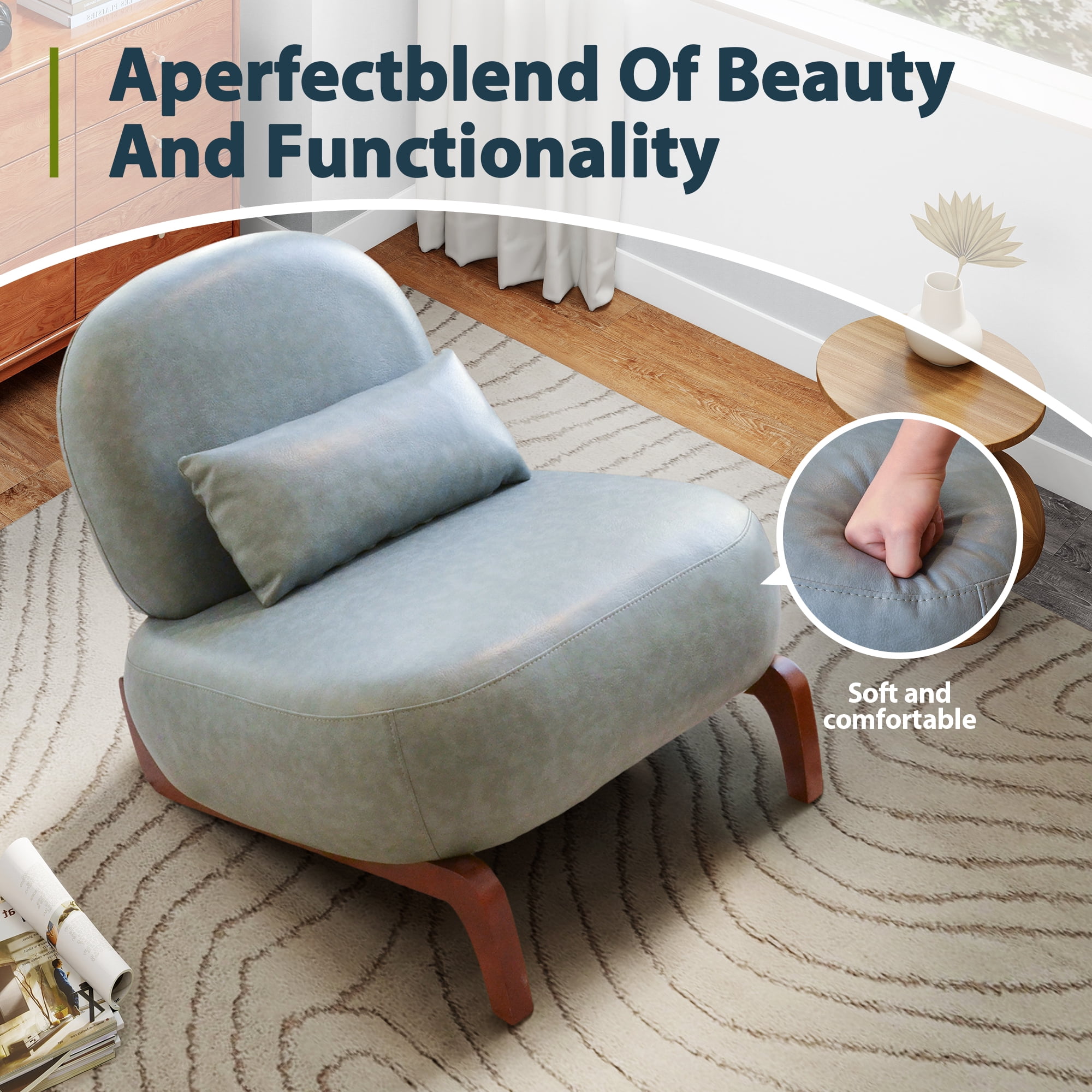 Aukfa Faux Leather Accent Chair with Solid Wood Legs, Armless Living Room Chair with Soft Cushion, Modern Reading Chair for Living Room & Bedroom,Blue
