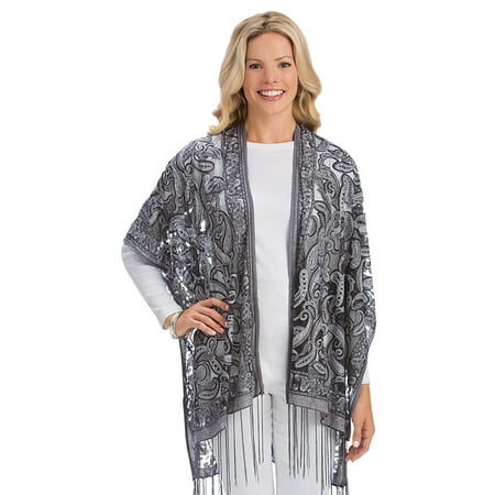 Burnout Velvet Kimono - Women's Velvet Paisley Fringe Kimono Jacket Cardigan Sweater, Onesize, Grey