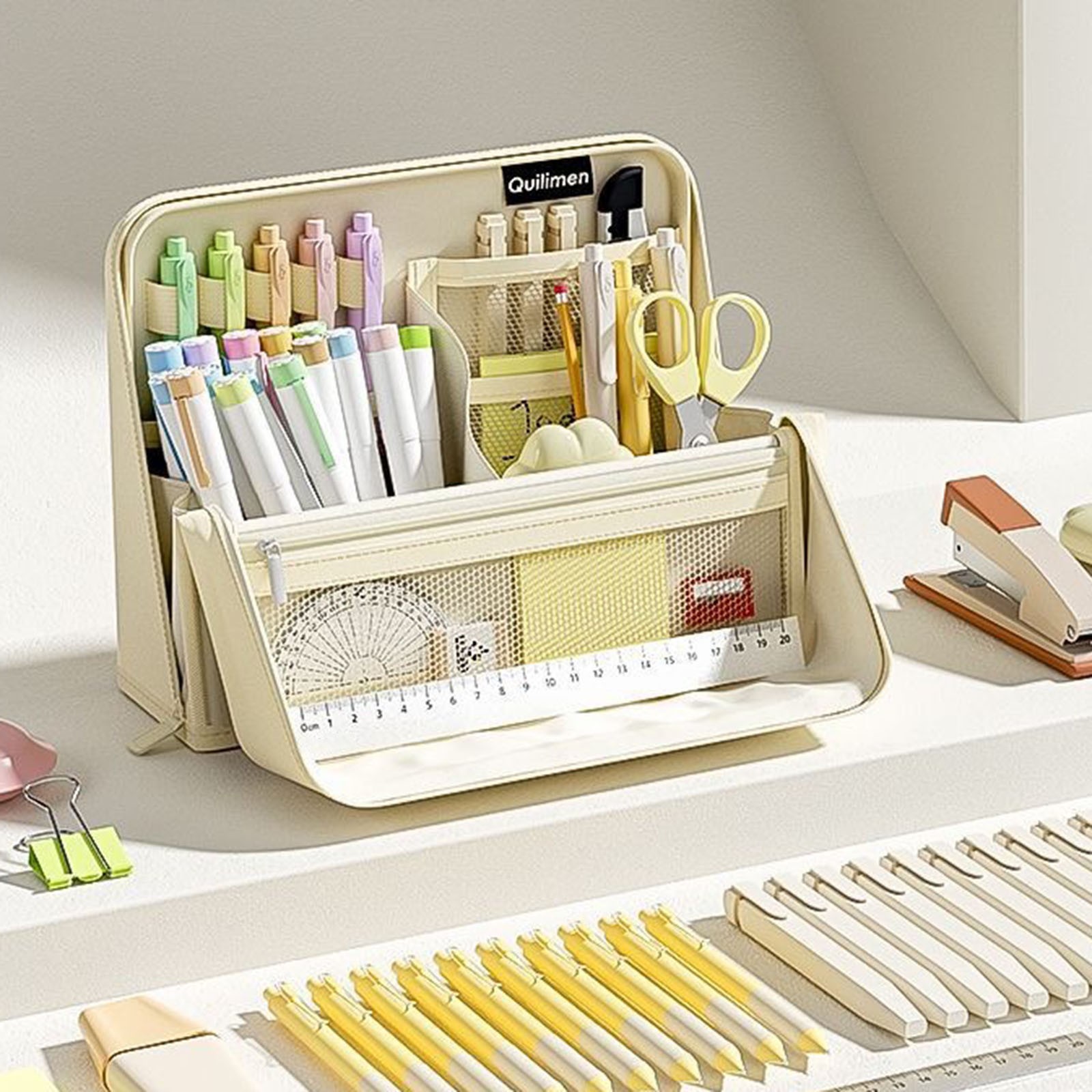 BNNG Standing Pencil Case Large Capacity Zippered Pen Bag, Multi-Layer Pen Pouch Pencil Holder Stationery Organizer, Polyester Pencil Bag Storage Box Desk Organizer