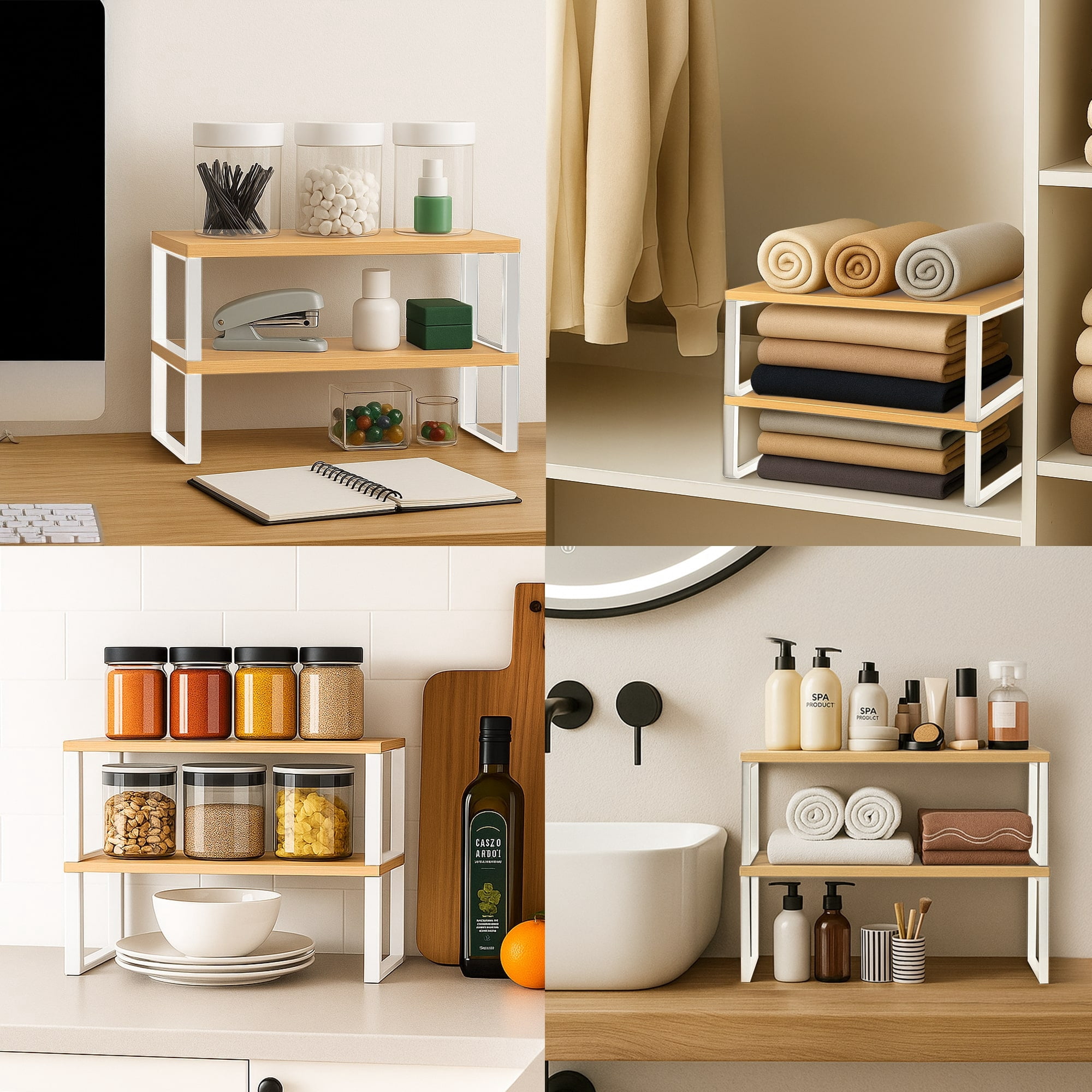 Sben Kitchen Shelf Cabinet Organizer, Set of 2, Counter Shelves, Kitchen Storage, Spice Rack, Stackable, Functional, Metal and Engineered Wood (Bamboo and White)
