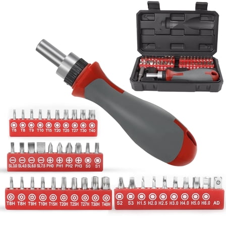 Ratcheting Multi-Bit Screwdriver Set, 40 Bits, 60mm Extension Bar, 1/4’’ Magnetic Driver Handle, 40 Bits- Torx, Slotted, Phillips, Square，Hex, Pozidriv & Security Bits Included