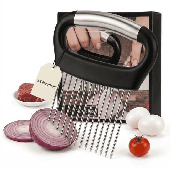Stainless Steel Onion Slicing Holder - Kitchen Tool for Even Cuts on Potatoes, Tomatoes, Lemons & Round Vegetables, Secure-Grip Design