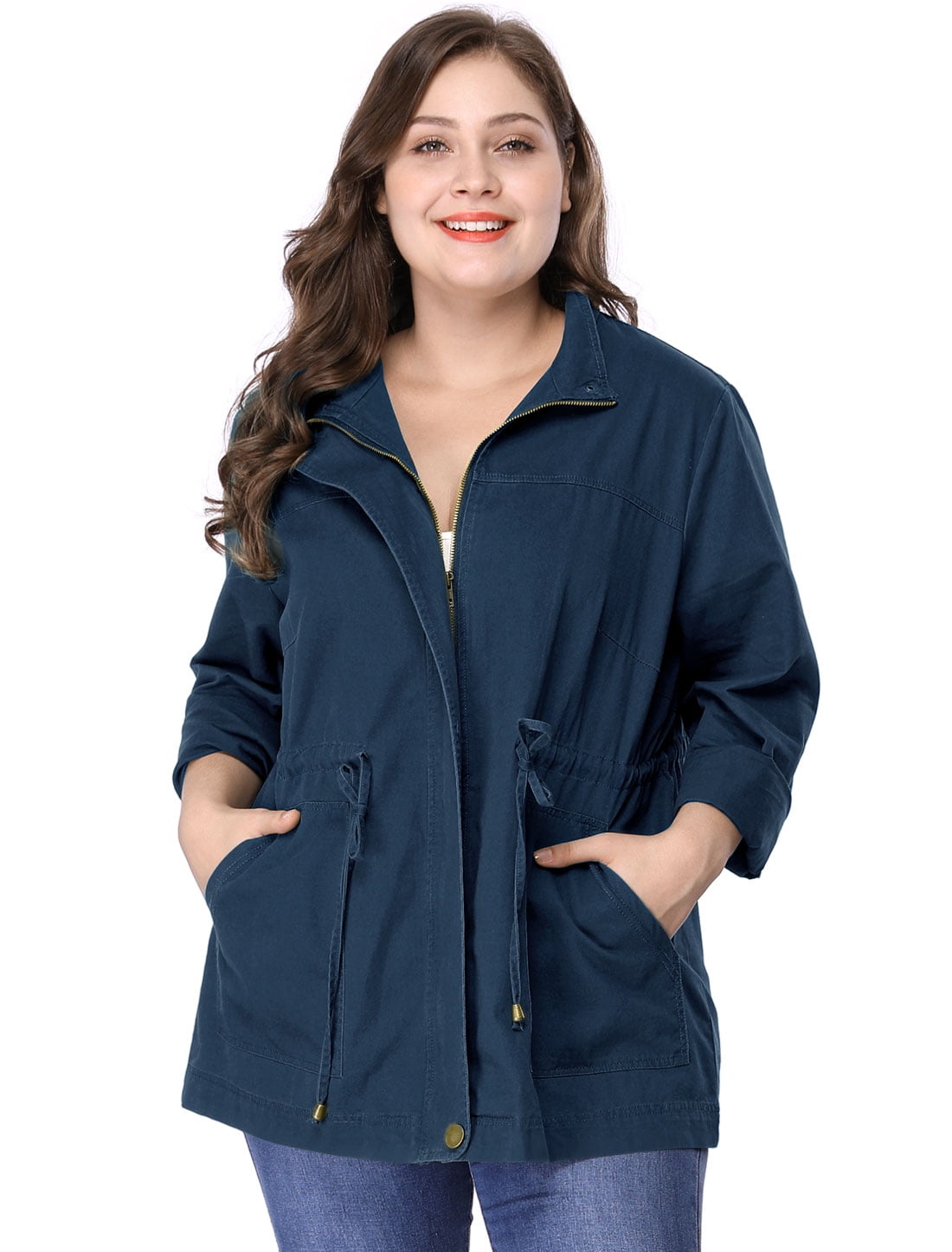 DARING DIVA Women's Plus Size Drawstring Waist Zip-up Utility Jacket 5X Dark Blue