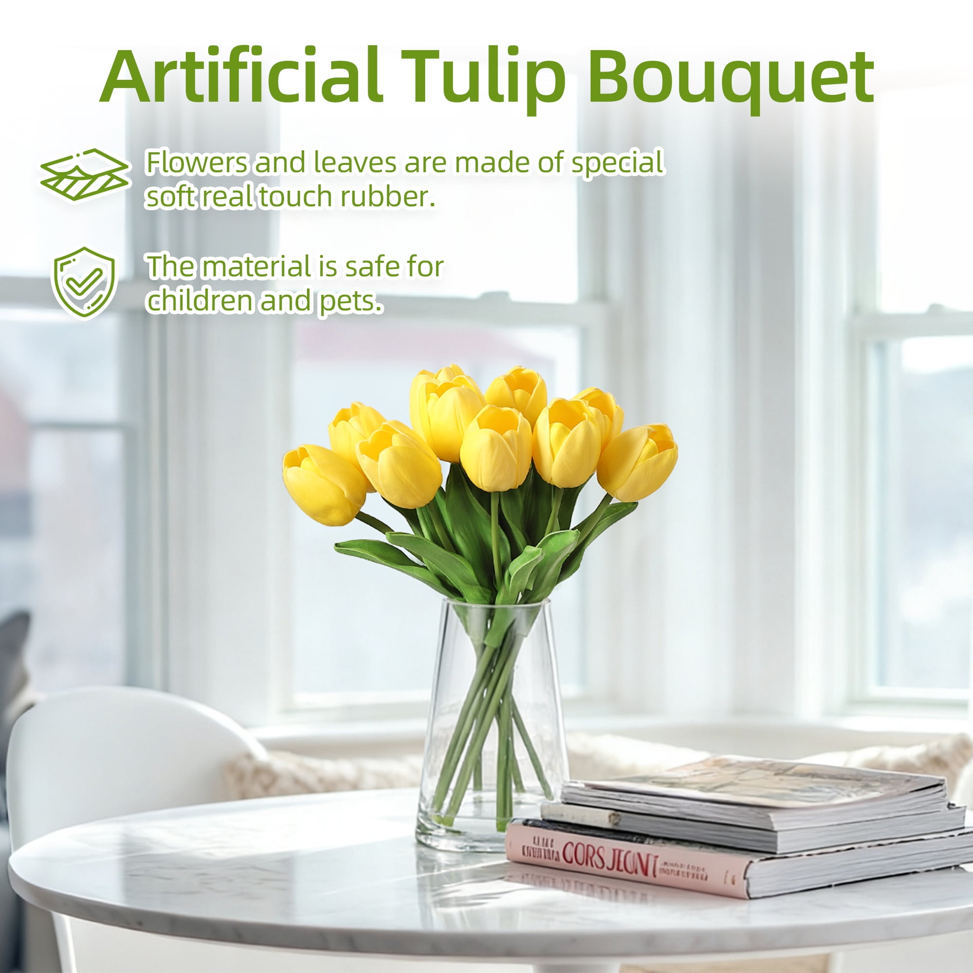 Artificial Yellow Tulips Flowers with Glass Vase, 14" Lifelike Fake Floral Arrangement for Home Office Dining Table Decor, Wedding Centerpiece