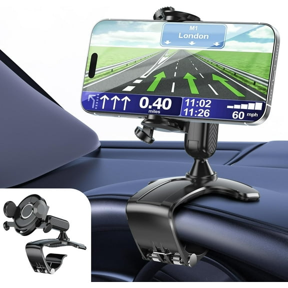 Car Phone Holder Dashboard Phone Mount, 2025 Upgraded 360 Degree Rotation Multifunctional Clip Design, Universal Car Phone Mount Compatible with 4–7 Inch Cell Phones (Black)