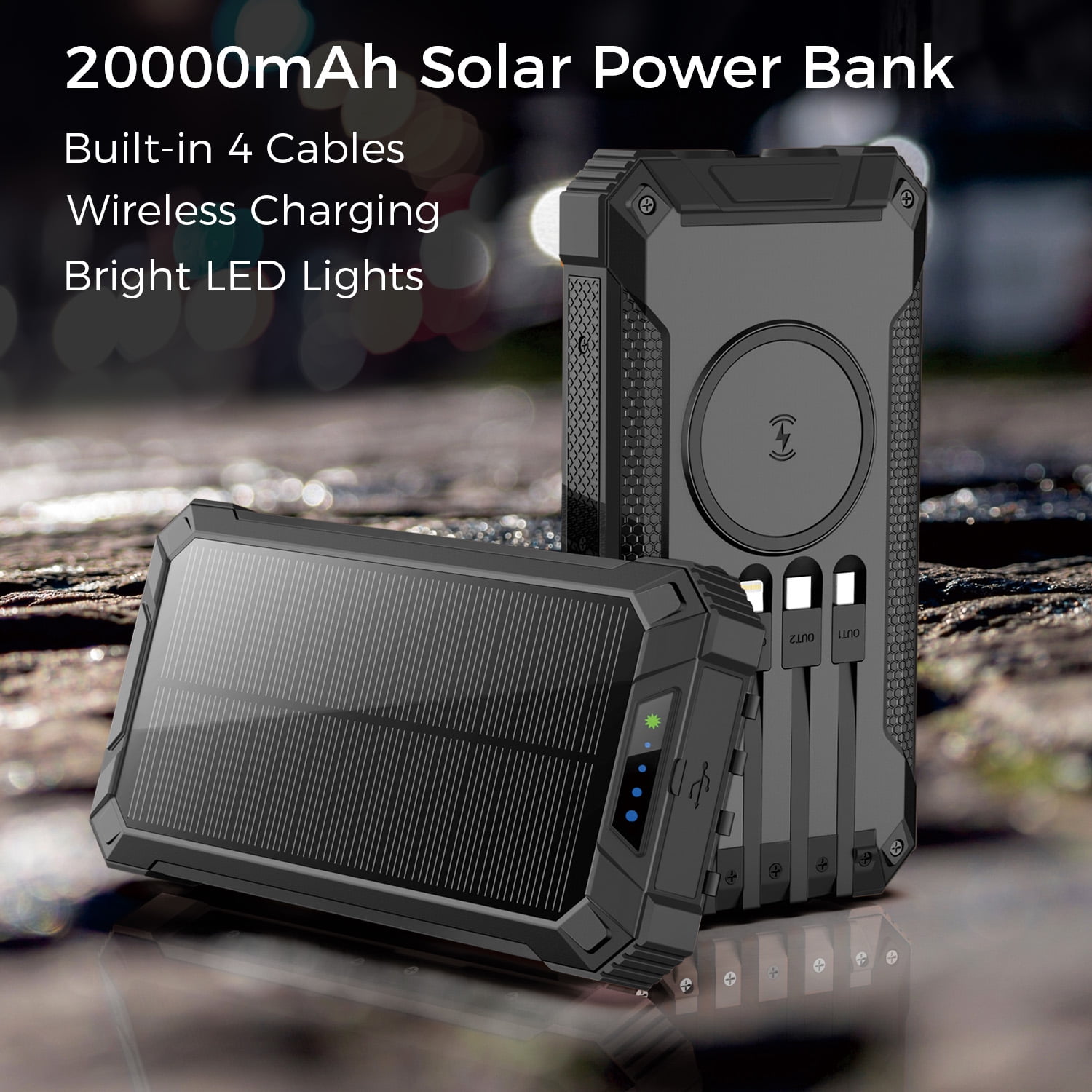Alpha Digital Solar Power Bank, Wireless Charging, 20000mAh, Built-in Cables, IP65 Waterproof, Digital Display