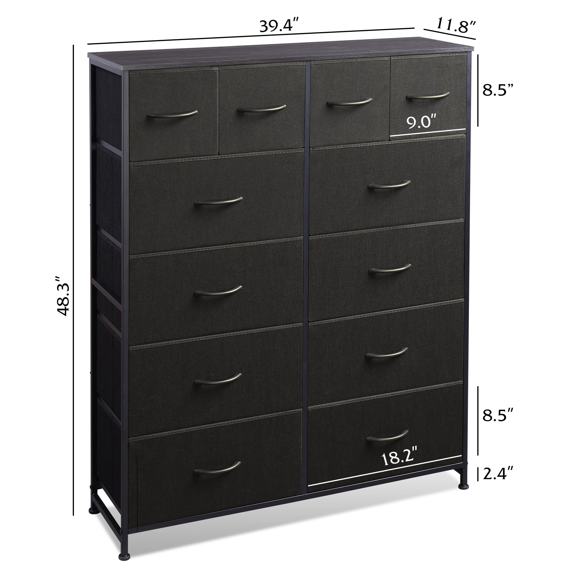 GALAXHERO 12-Drawer Tall Fabric Dresser with Wood Top and Steel Frame, Storage Chest of Drawers for Bedroom, Closet, Charcoal Black