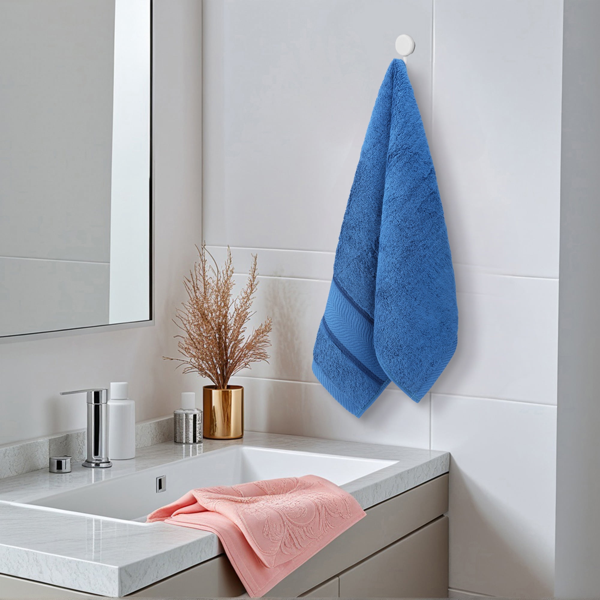 Unique Bargains 4 Pcs Cotton Soft Hand Towel Set Navy Blue/Grey 14" x 30"/13" x 29"