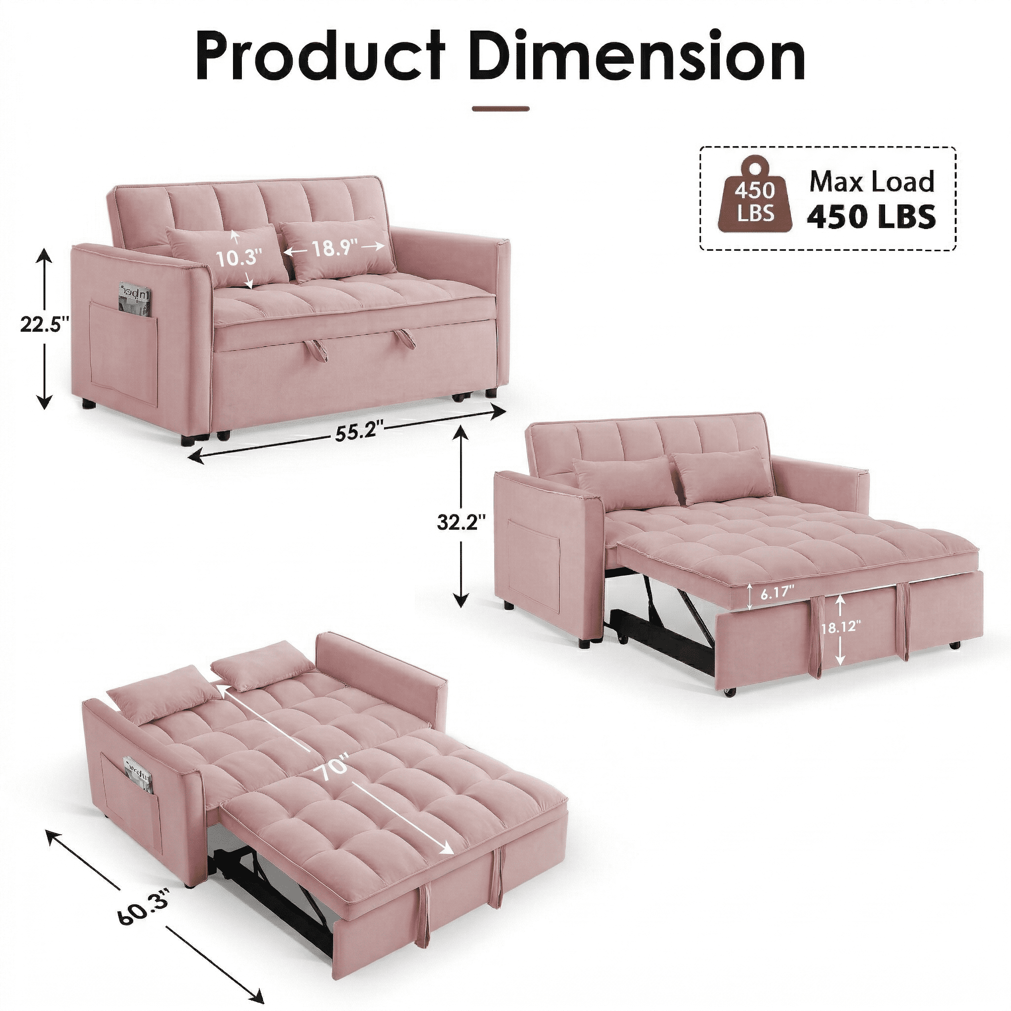 Avobird 3-in-1 Velvet Convertible Sleeper Sofa, Pull Out Couch Bed with Adjustable Backrest & Storage, Pink