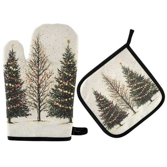 Yayeee Oven Mitts and Pot Holder Set of 2 Heat Resistant Kitchen Gloves Baking Hot Pad, Hand Drawn Christmas Stars