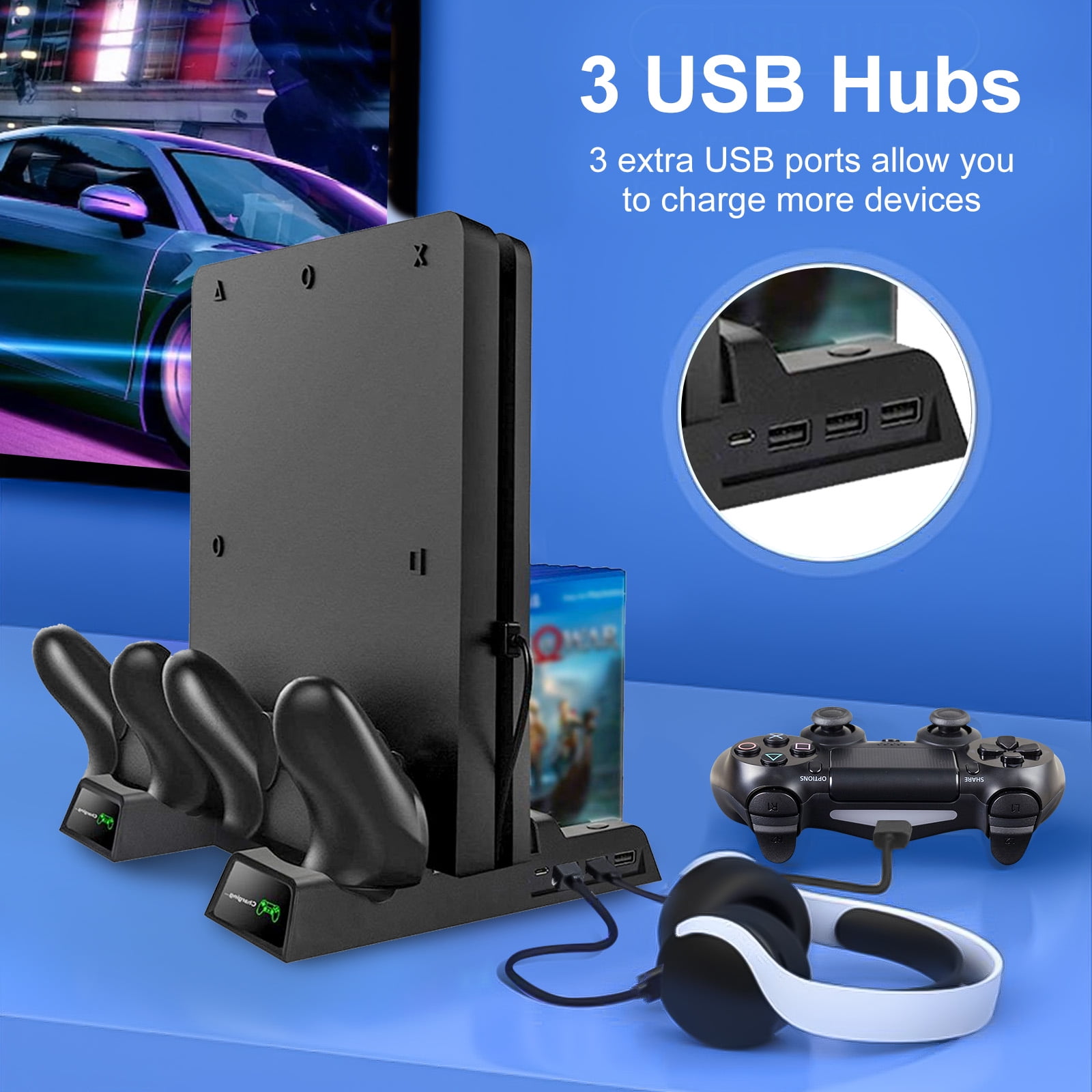 EEEkit Vertical Stand for PS4 Slim/PS4 Pro with 2 Cooling Fans, Dual Charging Station for PlayStation Dualshock Controller, Cooler System for PS4 with 12 Games Storage, 3 USB Hub Ports - Walmart.com