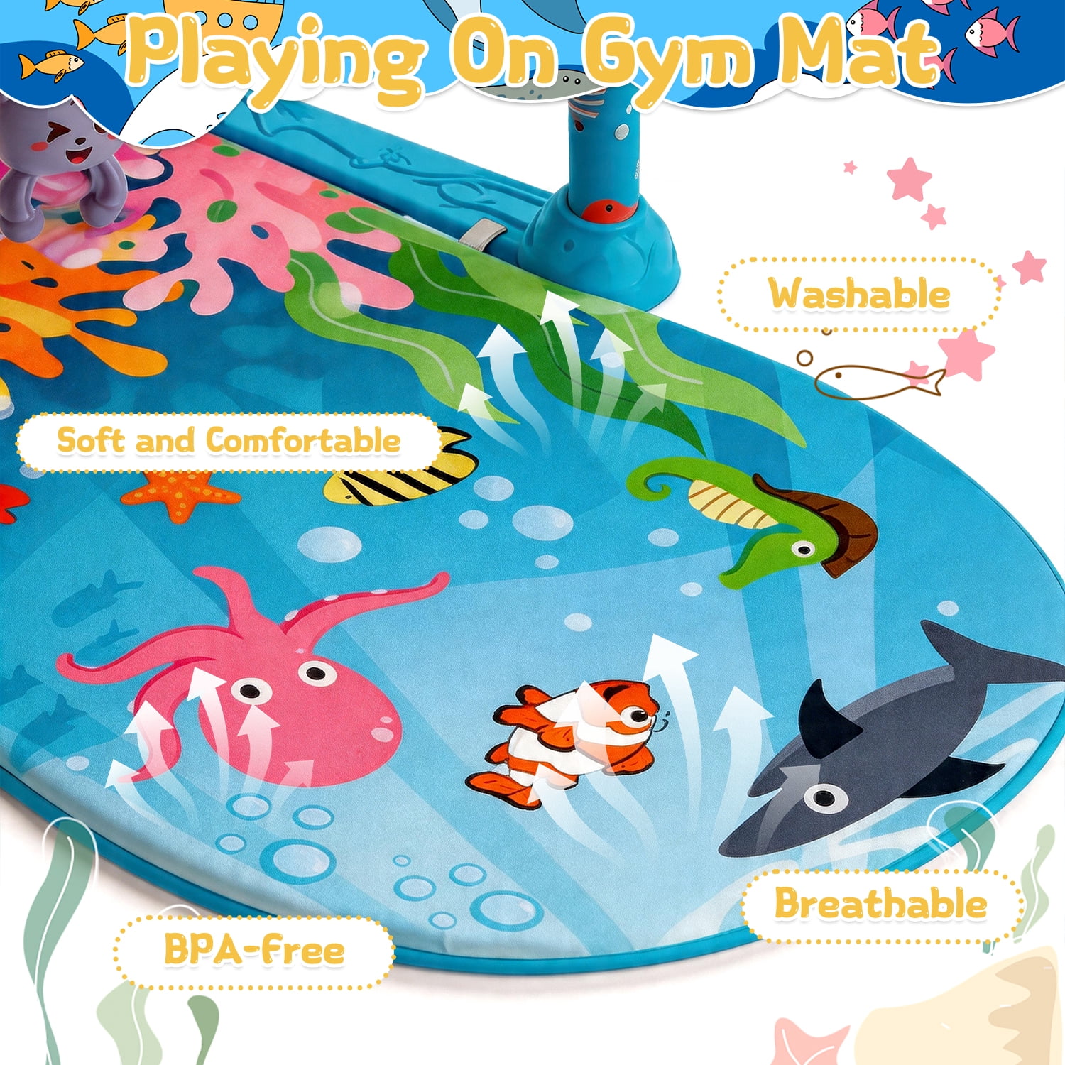 Caunedy 2 in 1 Baby Gym Playmat with Music,5 Sensory Montessori Toys & Tummy Time Mirror,Newborn Gift for Infants 0-12 Months
