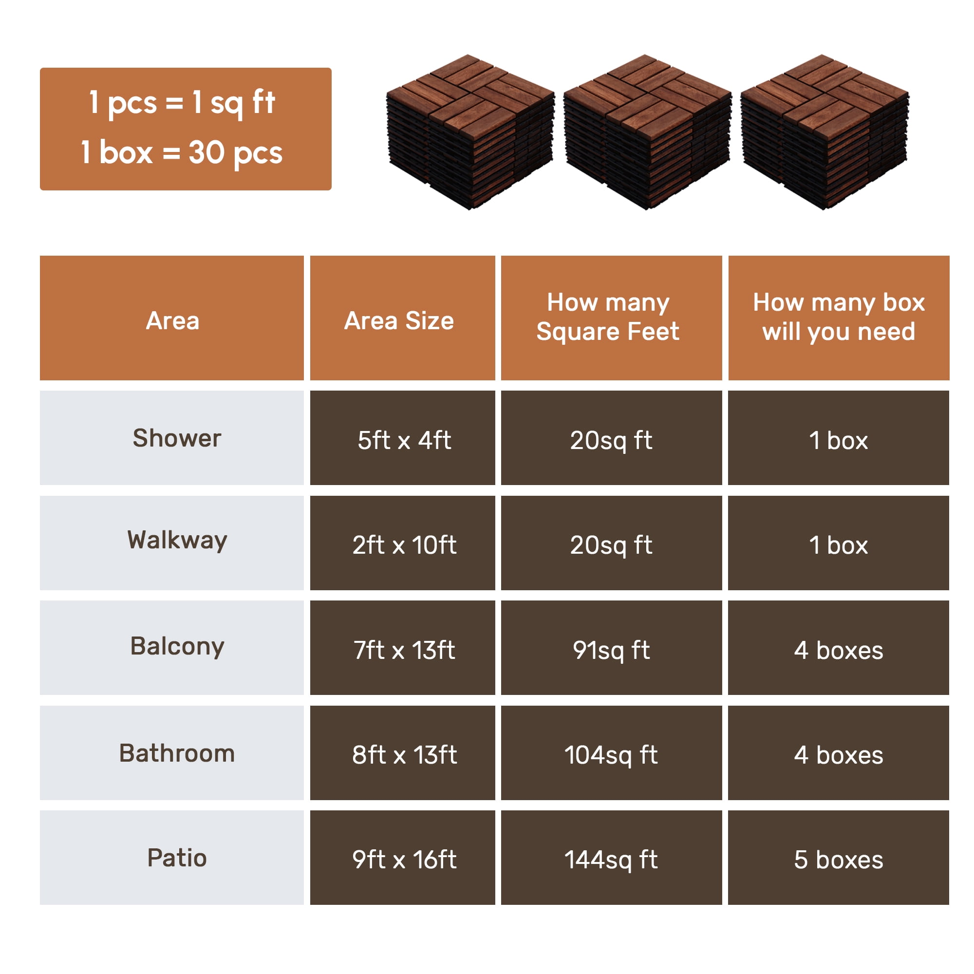 Acacia Wood Deck Tiles, 30 PCS 12x12 Inch Checker Interlocking Floor Tiles for Patio Garden Outdoor Space, Natural