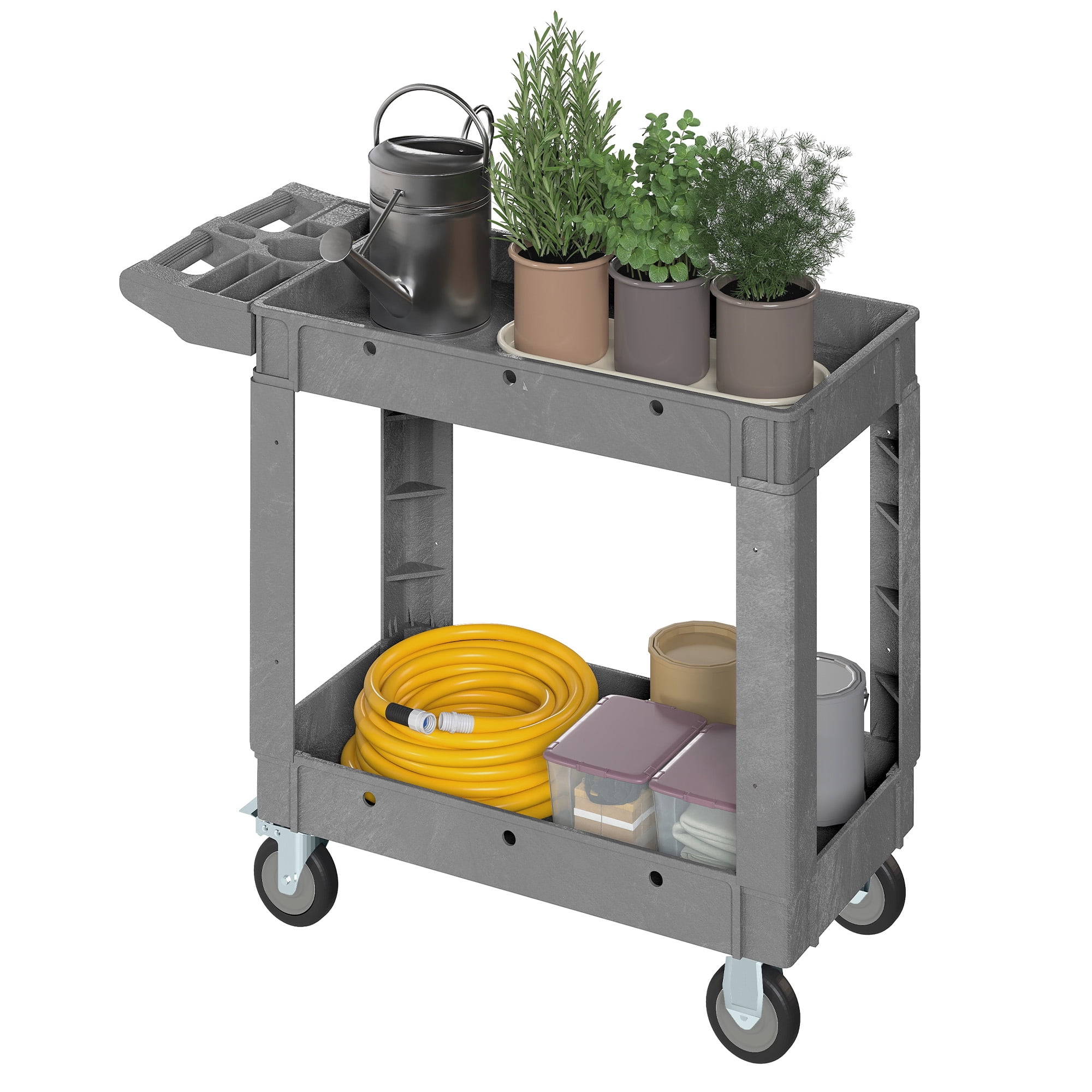 Uforic Heavy-Duty Plastic Utility Cart - 550lbs Capacity, 2-Tier Rolling Storage Organizer with Deep Shelves for Warehouse and Garage, Gray