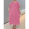 thumbnail image 4 of sicmoss Women's Red Cotton Striped Gingham Swing Dress Crew Neck Loose Fit Midi Lantern Sleeve, 4 of 7