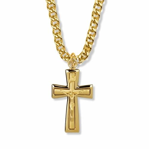 Singer 1-1/2 Inch 14KT Gold Plated Over Sterling Silver Polished Edges Crucifix Necklace