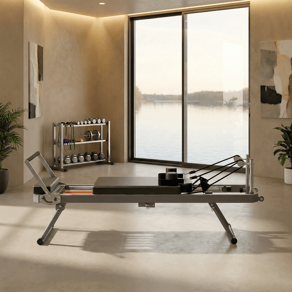 Pilates Reformer Machine for Home Gym Workout, Foldable Pilates Equipment with High Strength Alloy Springs for Beginners, Up to 330lbs,Black