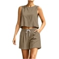 thumbnail image 6 of Lyrcatrment Shorts Sets for Women 2pc Cotton Linen Outfits Summer Tank Tops Round Neck Matching Set Trendy Casual Outfits Womens Clothing(X-Large,Khaki), 6 of 9