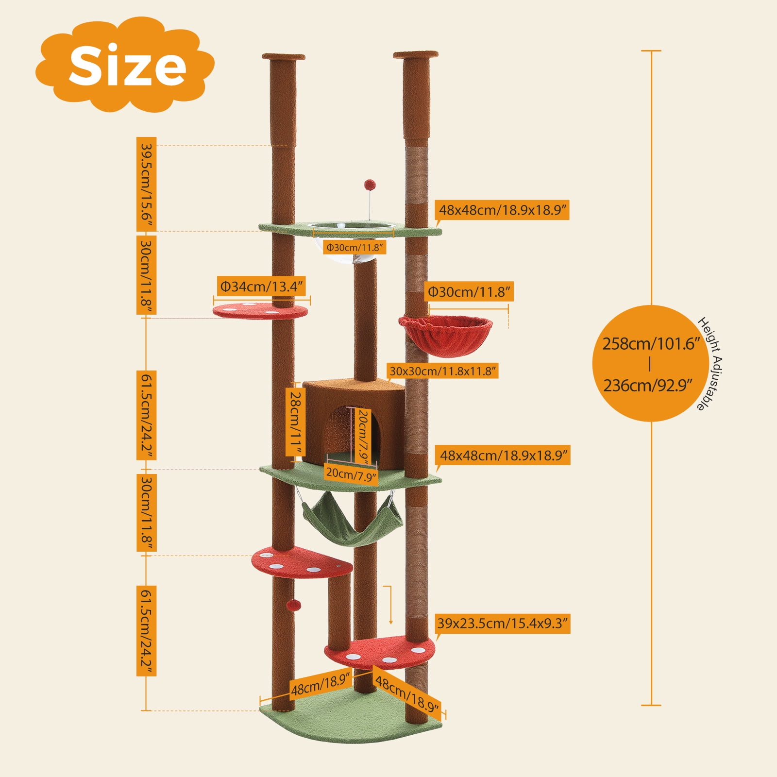 Kadyn 92.9"-101.6" Height Adjustable Cat Tower Kitty Climbing Play House Floor to Ceiling Cat Tree for Indoor with Cozy Cat Condo, Brown